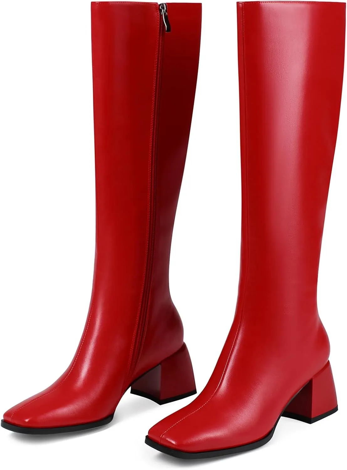 Knee High Boots for Women 70s Boots with Chunky Heel, Square Toe Tall Boots Side Zipper Block Heel Dress Boots