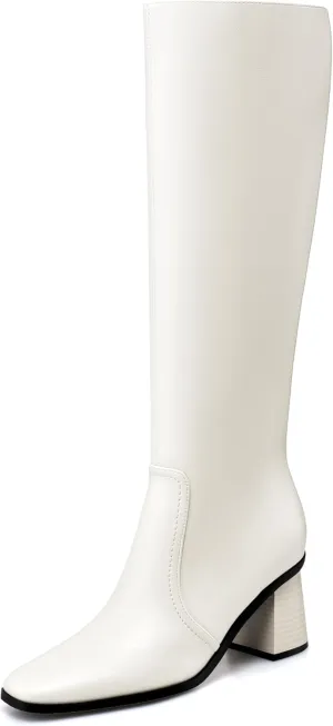 Knee High Boots for Women Chunky Heel Square Toe Tall Boots Wide Calf Fashion Long Boot with Side Zipper