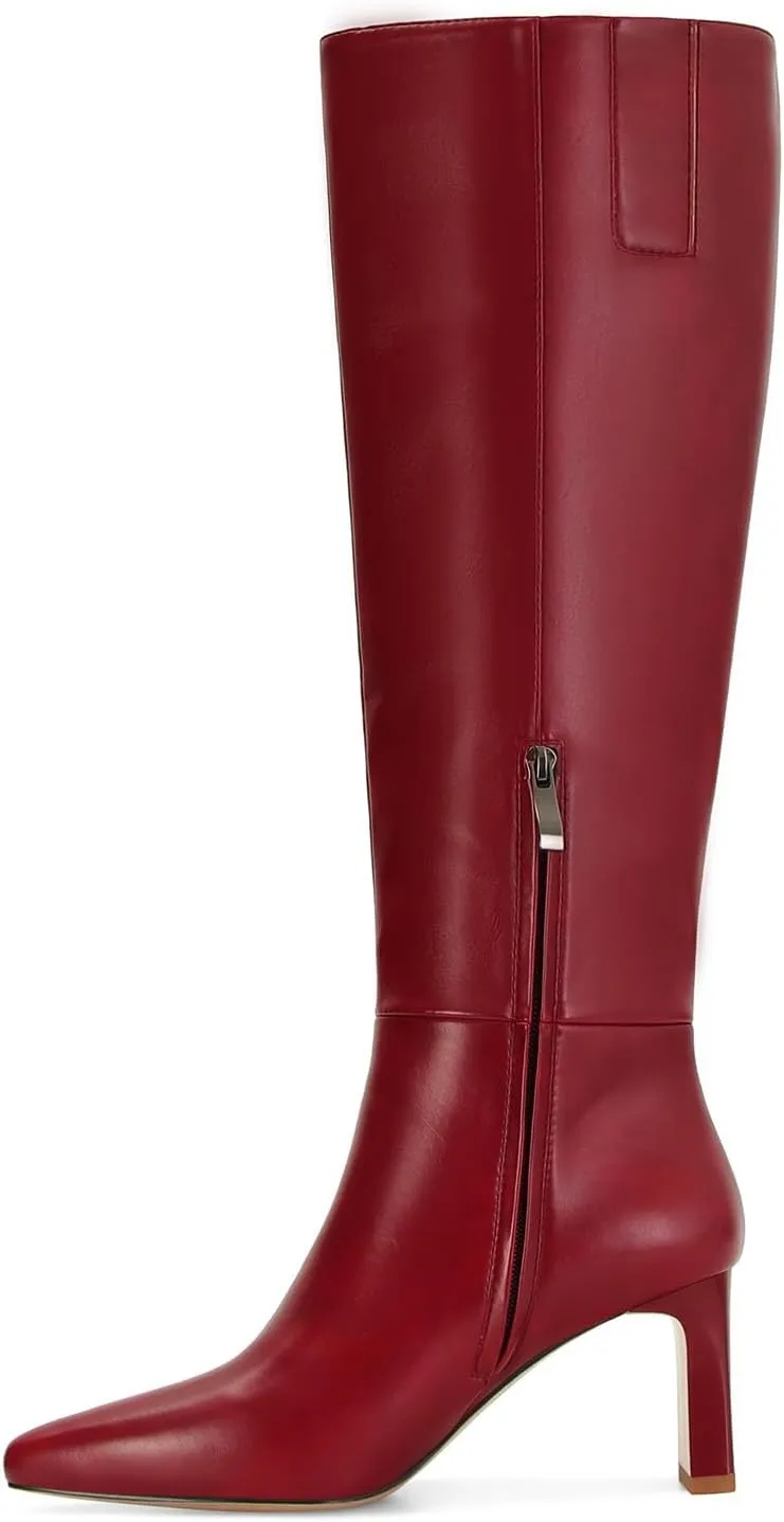 Knee High Boots for Women Square Toe Chunky Heeled Wide Calf Boots with Side Zipper Fall Dress Elastic Tall Boots