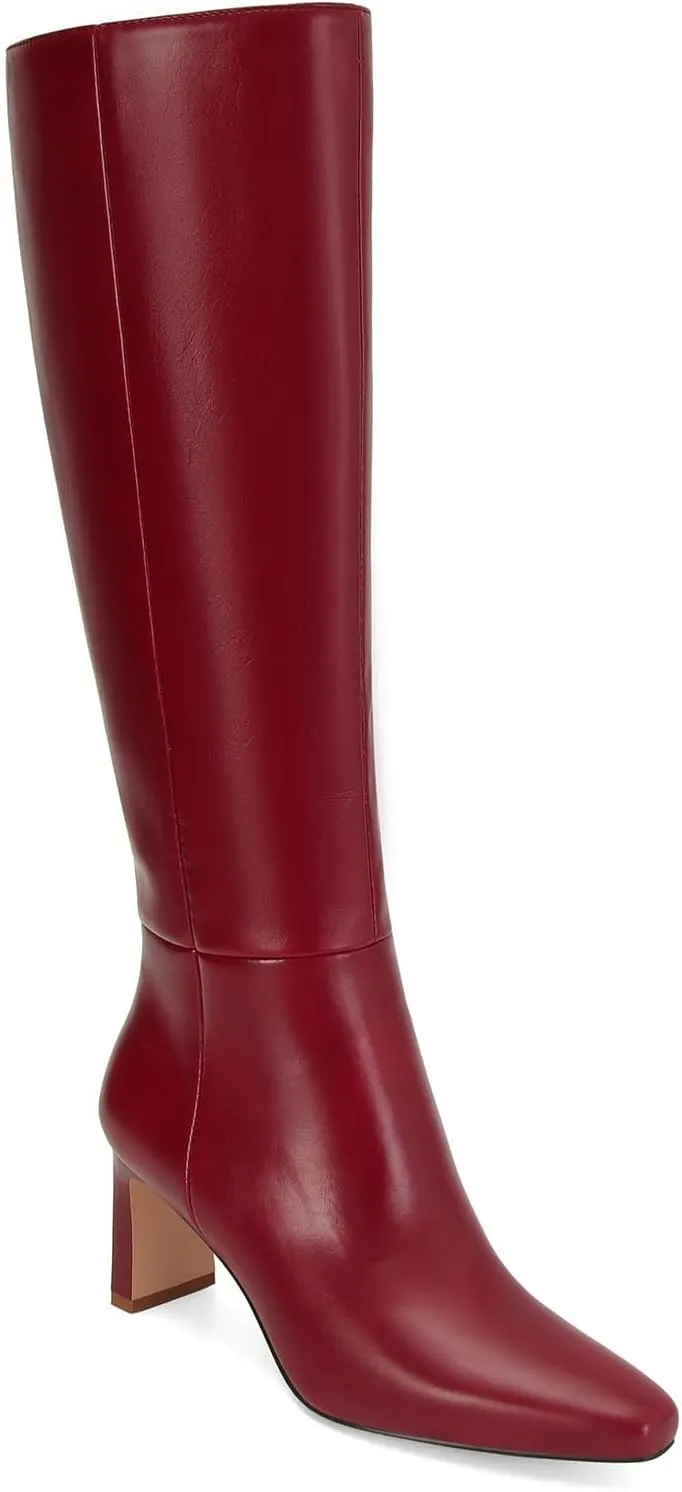 Knee High Boots for Women Square Toe Chunky Heeled Wide Calf Boots with Side Zipper Fall Dress Elastic Tall Boots