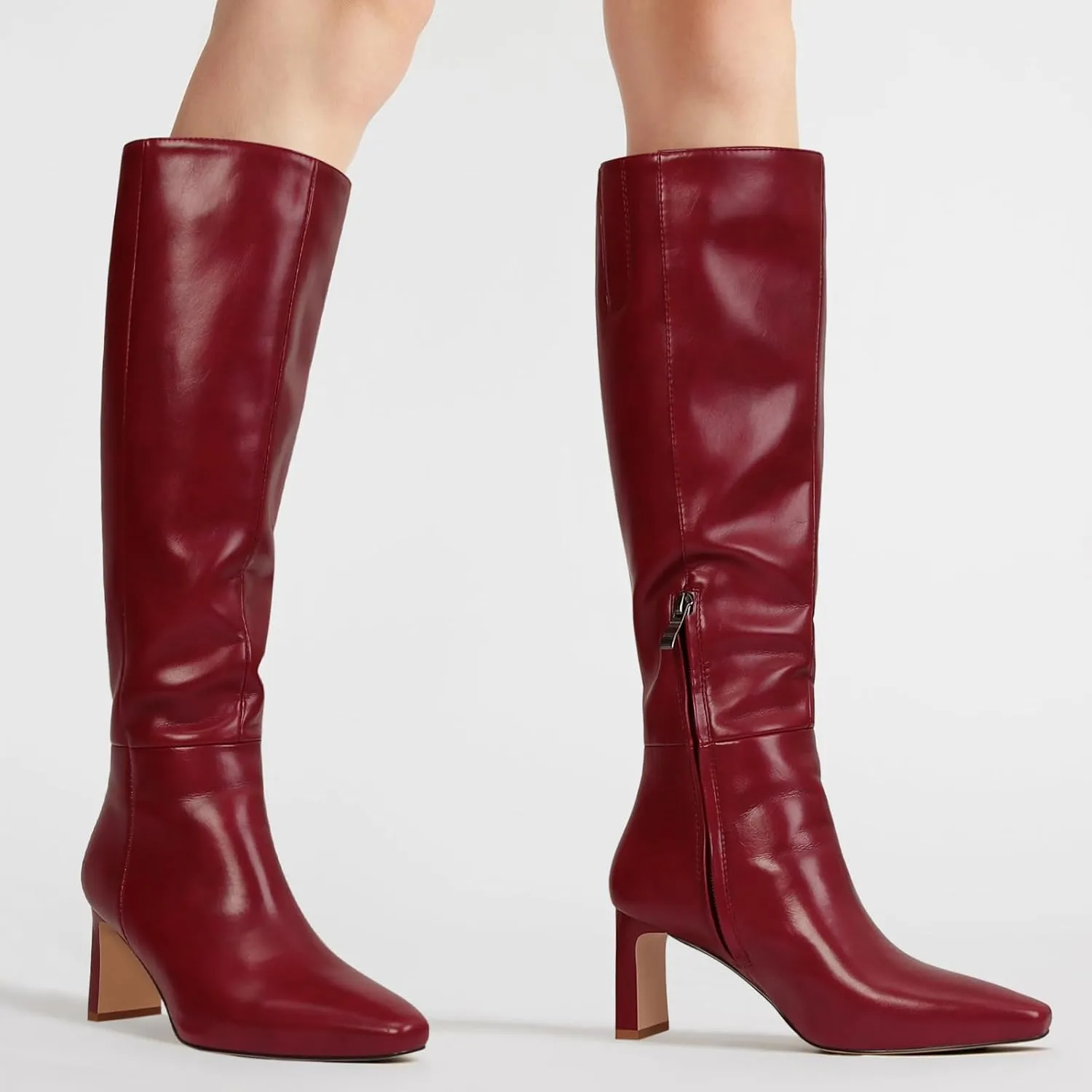 Knee High Boots for Women Square Toe Chunky Heeled Wide Calf Boots with Side Zipper Fall Dress Elastic Tall Boots