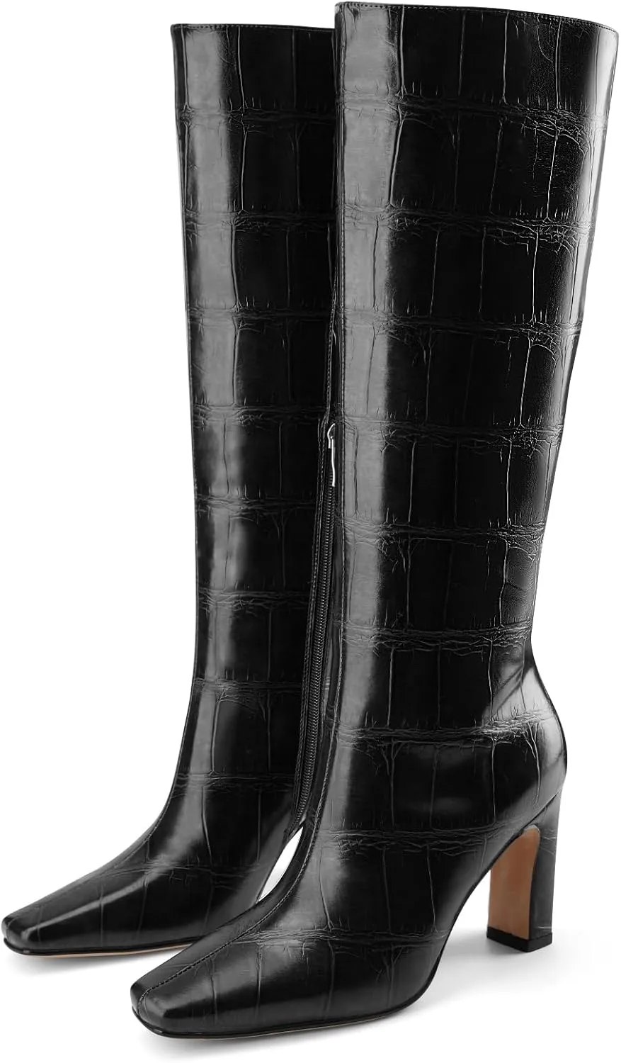 Knee High Boots Women Black Long Boots Slip on Tall Boots Chunky High Heel Square Toe Crocodile Pattern Leather Boots with Side Zipper for Ladies Sexy