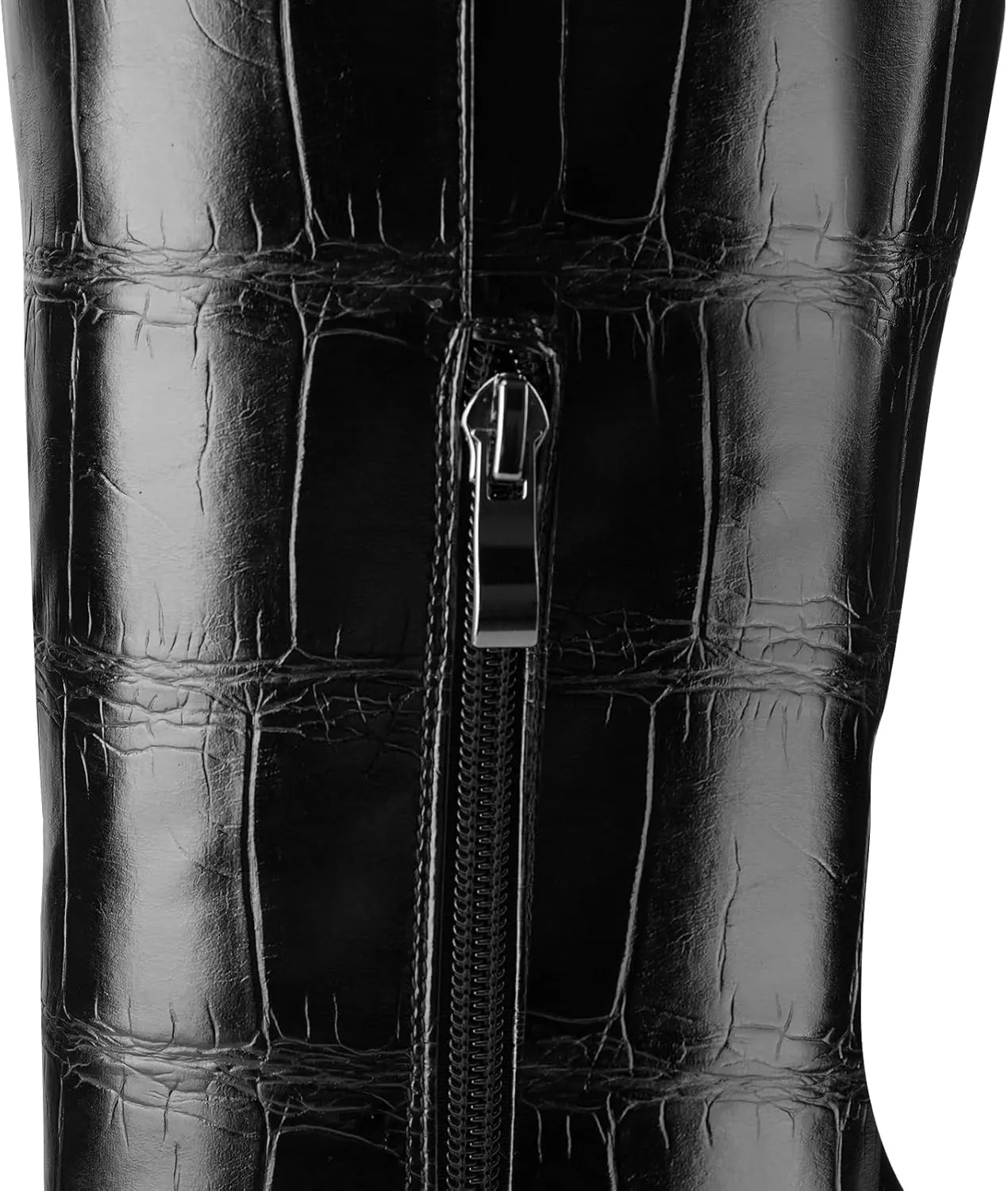Knee High Boots Women Black Long Boots Slip on Tall Boots Chunky High Heel Square Toe Crocodile Pattern Leather Boots with Side Zipper for Ladies Sexy