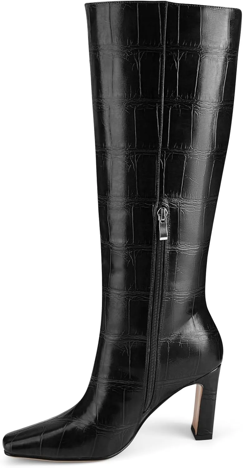 Knee High Boots Women Black Long Boots Slip on Tall Boots Chunky High Heel Square Toe Crocodile Pattern Leather Boots with Side Zipper for Ladies Sexy