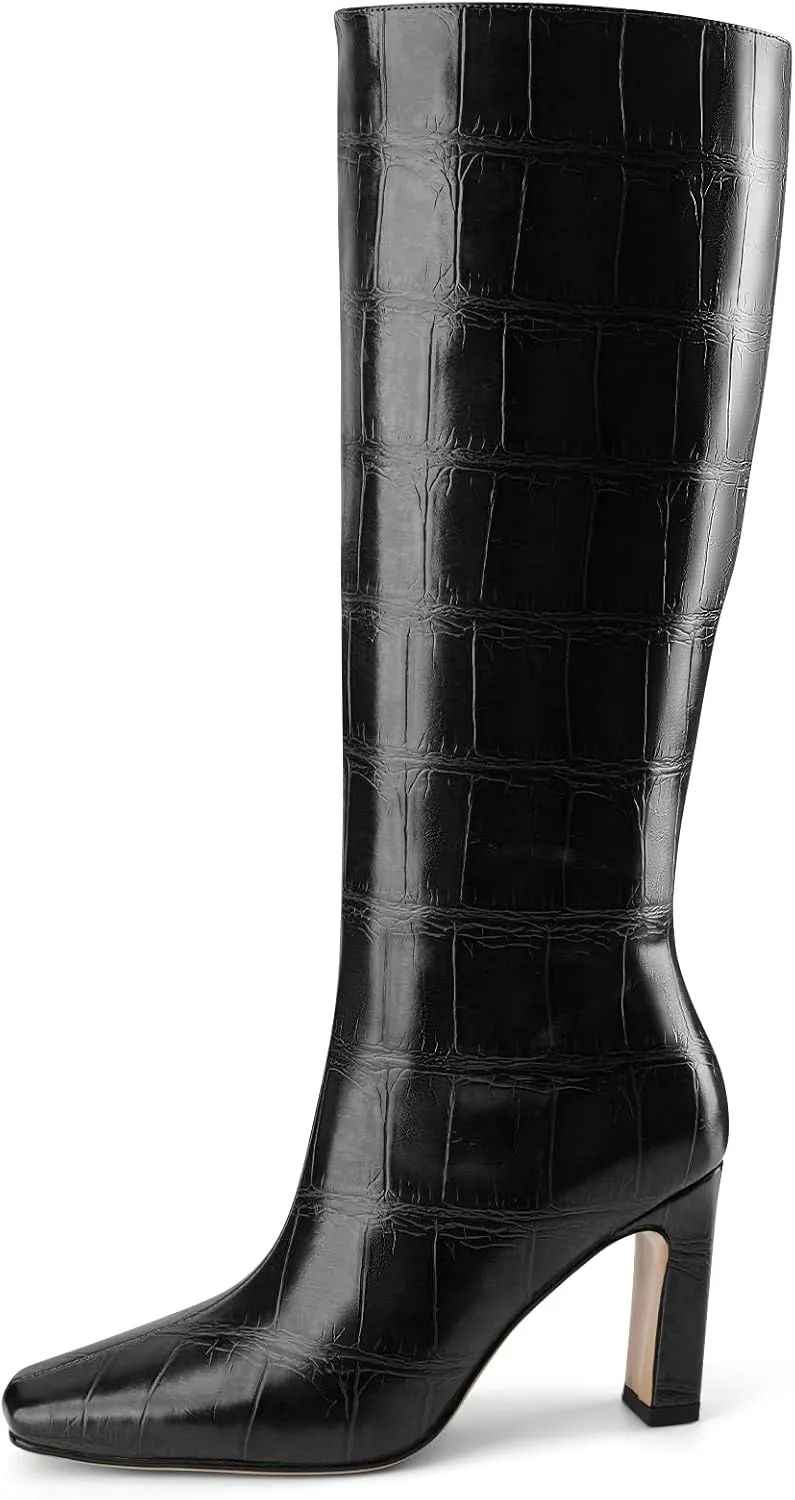 Knee High Boots Women Black Long Boots Slip on Tall Boots Chunky High Heel Square Toe Crocodile Pattern Leather Boots with Side Zipper for Ladies Sexy