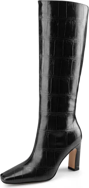 Knee High Boots Women Black Long Boots Slip on Tall Boots Chunky High Heel Square Toe Crocodile Pattern Leather Boots with Side Zipper for Ladies Sexy