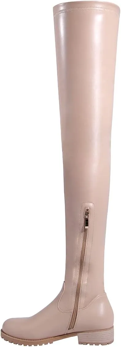 Knee High Boots Women Thigh High Over Knee Stretch Fashion Low Chunky Heel Round Toe Zipper Winter Boots Black Red US4.5-14