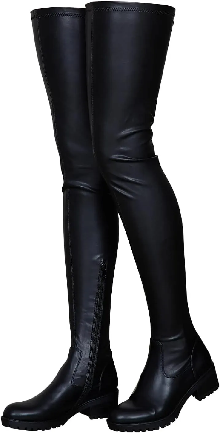Knee High Boots Women Thigh High Over Knee Stretch Fashion Low Chunky Heel Round Toe Zipper Winter Boots Black Red US4.5-14