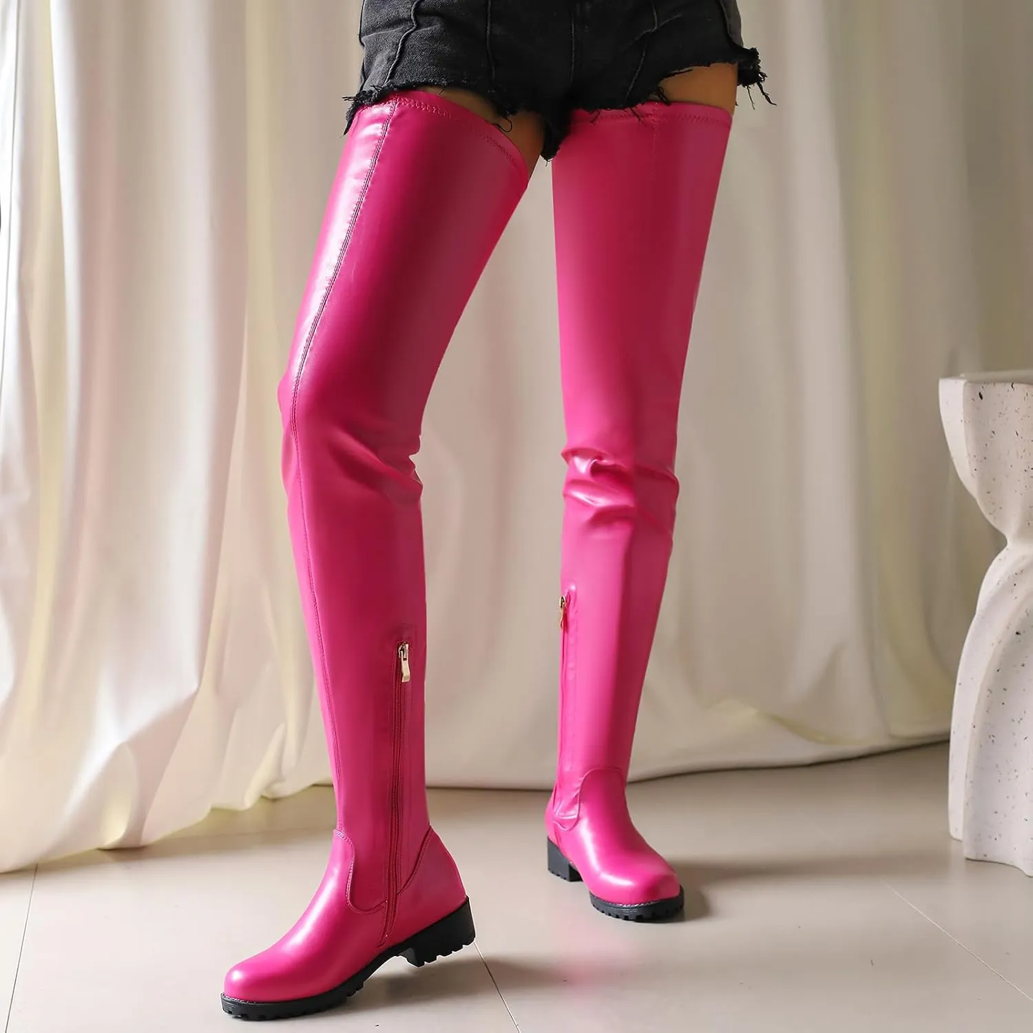 Knee High Boots Women Thigh High Over Knee Stretch Fashion Low Chunky Heel Round Toe Zipper Winter Boots Black Red US4.5-14