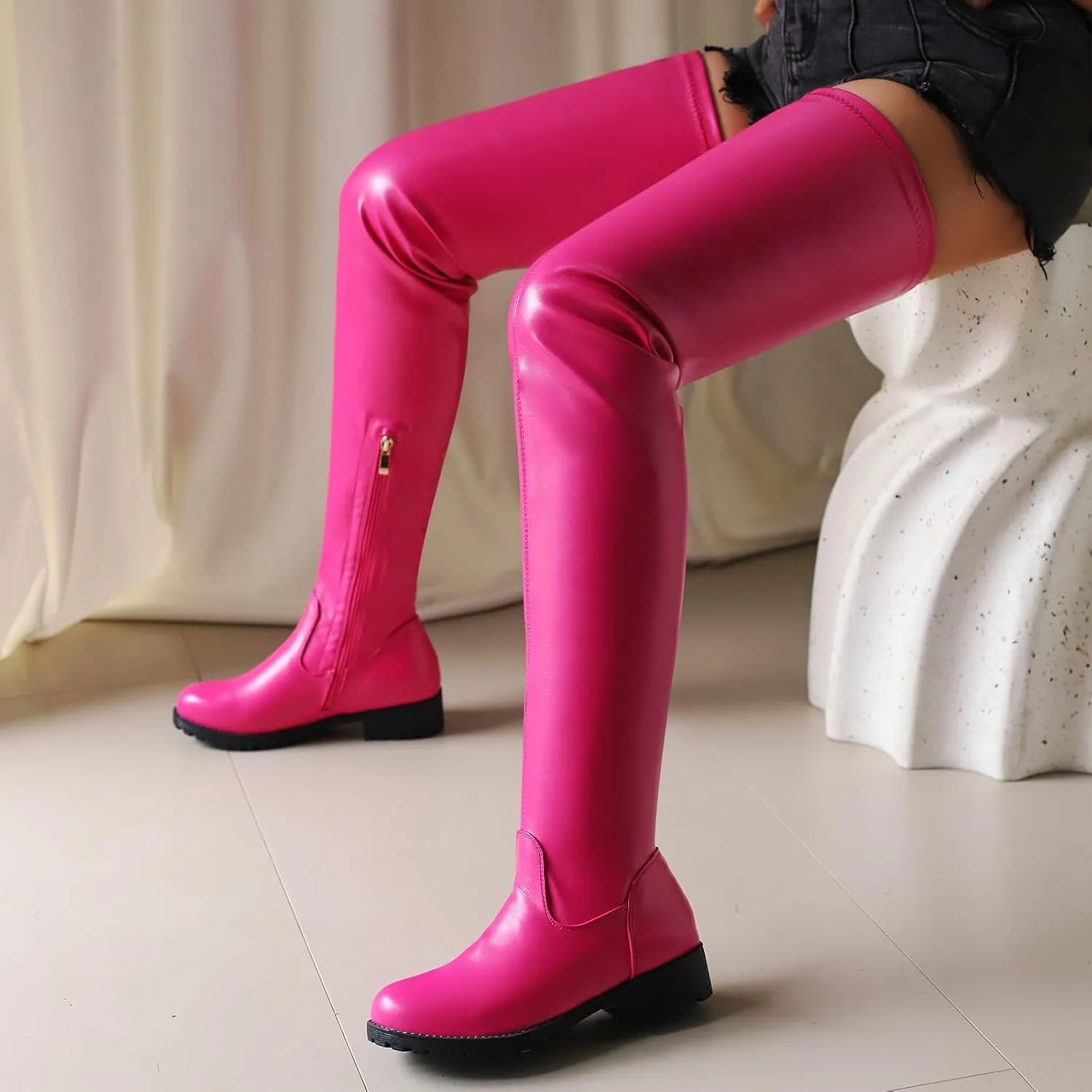 Knee High Boots Women Thigh High Over Knee Stretch Fashion Low Chunky Heel Round Toe Zipper Winter Boots Black Red US4.5-14