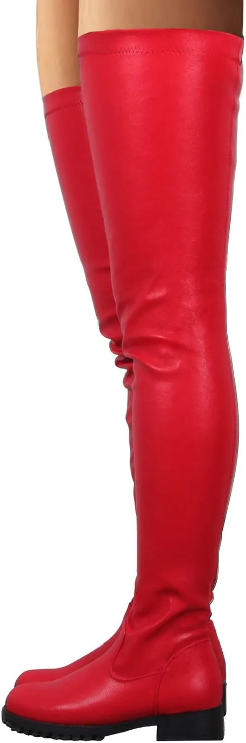 Knee High Boots Women Thigh High Over Knee Stretch Fashion Low Chunky Heel Round Toe Zipper Winter Boots Black Red US4.5-14