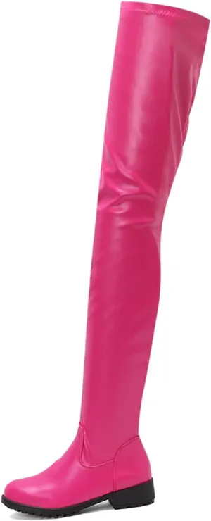 Knee High Boots Women Thigh High Over Knee Stretch Fashion Low Chunky Heel Round Toe Zipper Winter Boots Black Red US4.5-14