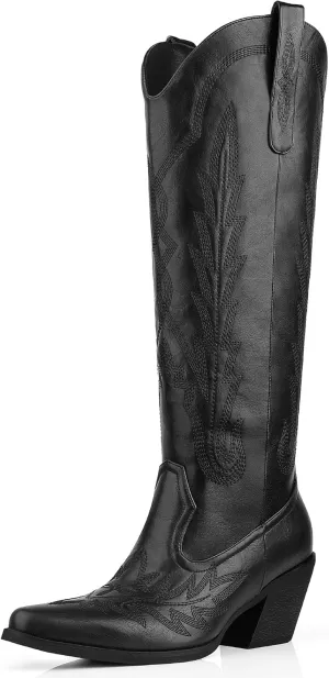 Knee High Cowgirl Boots Women Wide Calf Pointed Toe Embroidered Boots With Side Half Zip Rhinestones Boots For Lady Cowboy Boots Size 7-10
