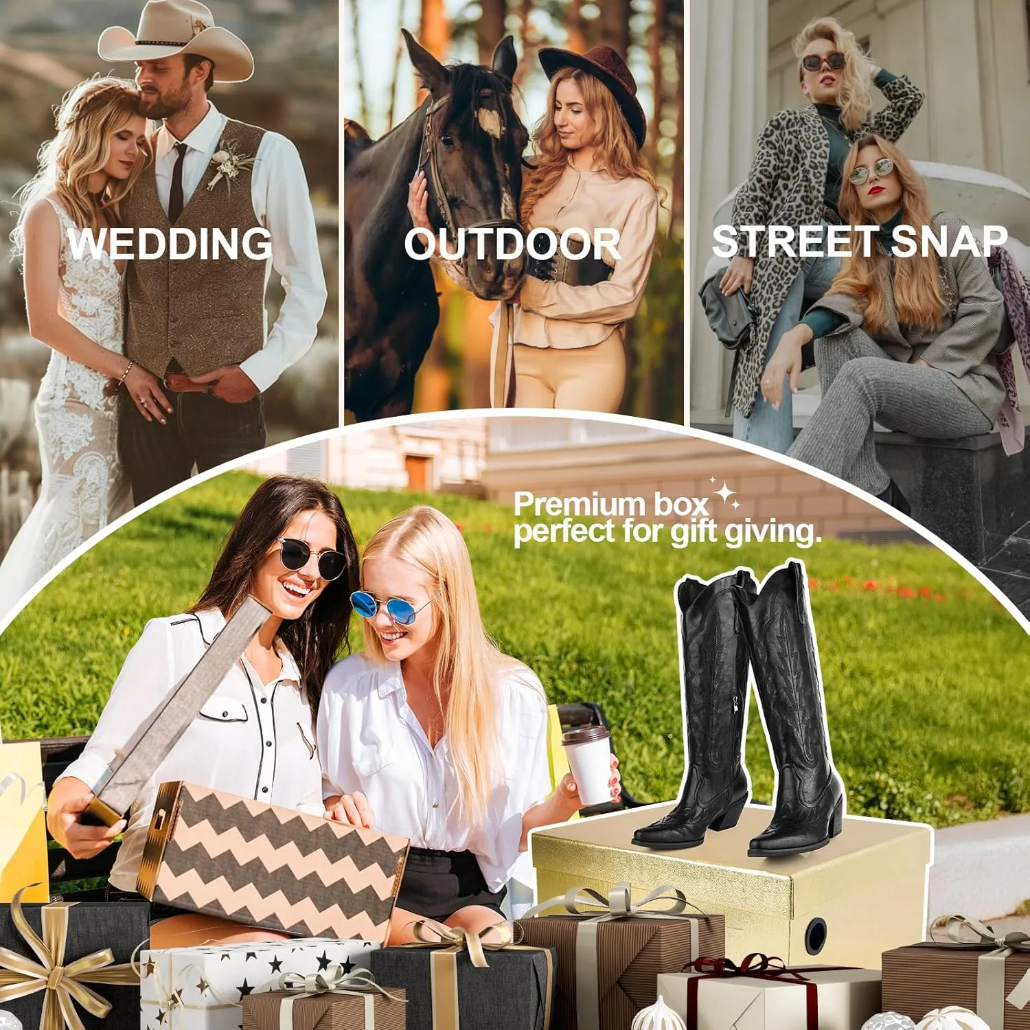 Knee High Cowgirl Boots Women Wide Calf Pointed Toe Embroidered Boots With Side Half Zip Rhinestones Boots For Lady Cowboy Boots Size 7-10