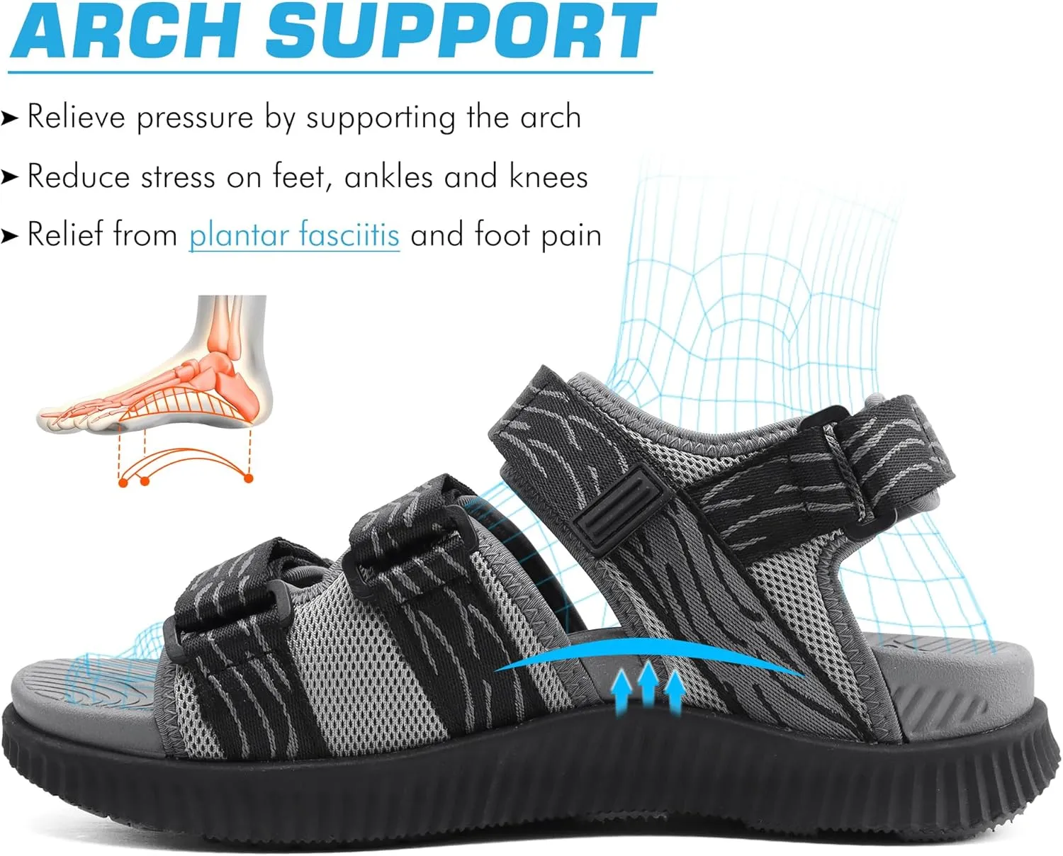 KuaiLu Mens Hiking Sandals with Arch Support Orthopedic Walking Recovery Sandals for Plantar Fasciitis Open Toe Summer Athletic Sport Comfortable Cushion Breathable Outdoor Water Sandals Size7-13