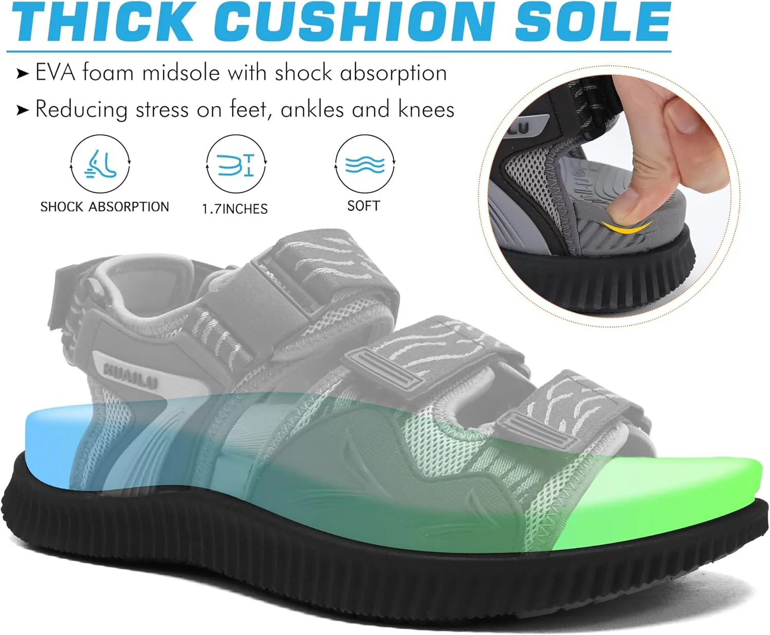 KuaiLu Mens Hiking Sandals with Arch Support Orthopedic Walking Recovery Sandals for Plantar Fasciitis Open Toe Summer Athletic Sport Comfortable Cushion Breathable Outdoor Water Sandals Size7-13