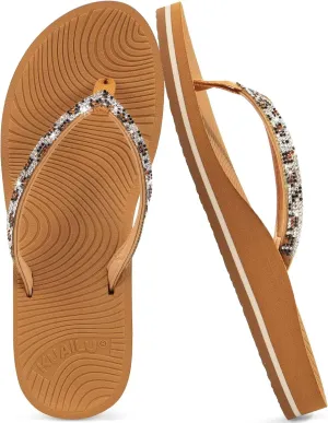 KuaiLu Women's Rhinestone Flip Flops with Comfort Arch Support Yoga Mat Cushion Sandals Fashion Summer Beach Travel Orthotic Walking Thong Sandles Slip on Plantar Fasciitis Indoor Outdoor Shoes
