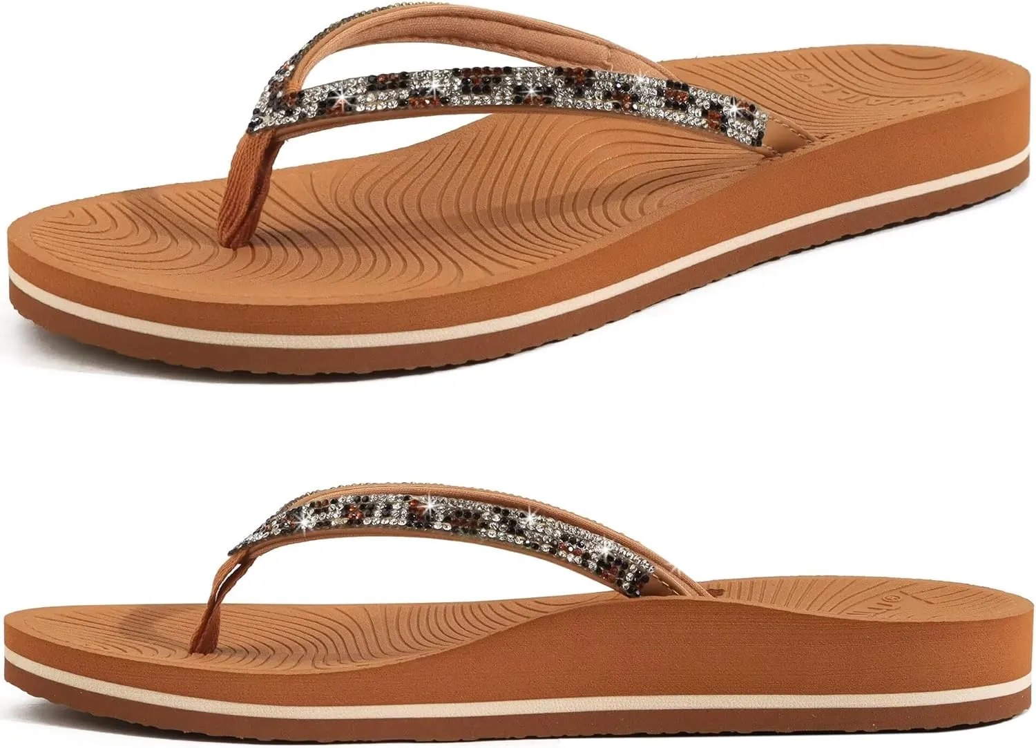 KuaiLu Women's Rhinestone Flip Flops with Comfort Arch Support Yoga Mat Cushion Sandals Fashion Summer Beach Travel Orthotic Walking Thong Sandles Slip on Plantar Fasciitis Indoor Outdoor Shoes