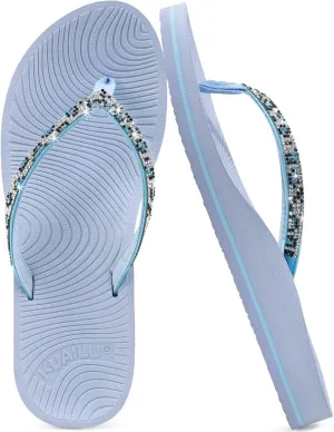 KuaiLu Women's Rhinestone Flip Flops with Comfort Arch Support Yoga Mat Cushion Sandals Fashion Summer Beach Travel Orthotic Walking Thong Sandles Slip on Plantar Fasciitis Indoor Outdoor Shoes