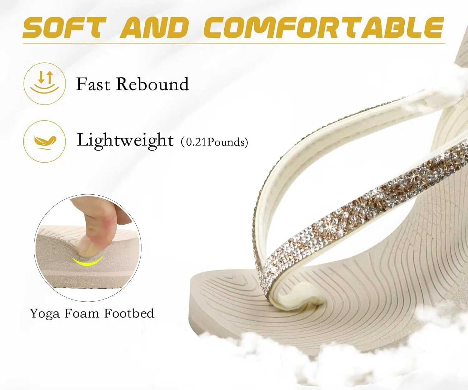 KuaiLu Women's Rhinestone Flip Flops with Comfort Arch Support Yoga Mat Cushion Sandals Fashion Summer Beach Travel Orthotic Walking Thong Sandles Slip on Plantar Fasciitis Indoor Outdoor Shoes