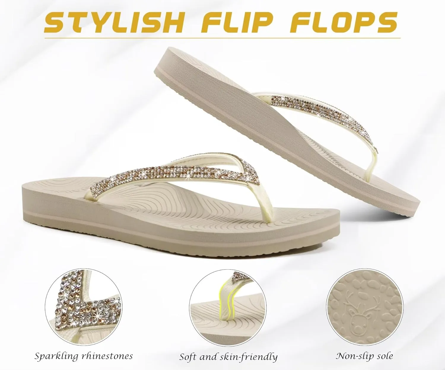 KuaiLu Women's Rhinestone Flip Flops with Comfort Arch Support Yoga Mat Cushion Sandals Fashion Summer Beach Travel Orthotic Walking Thong Sandles Slip on Plantar Fasciitis Indoor Outdoor Shoes