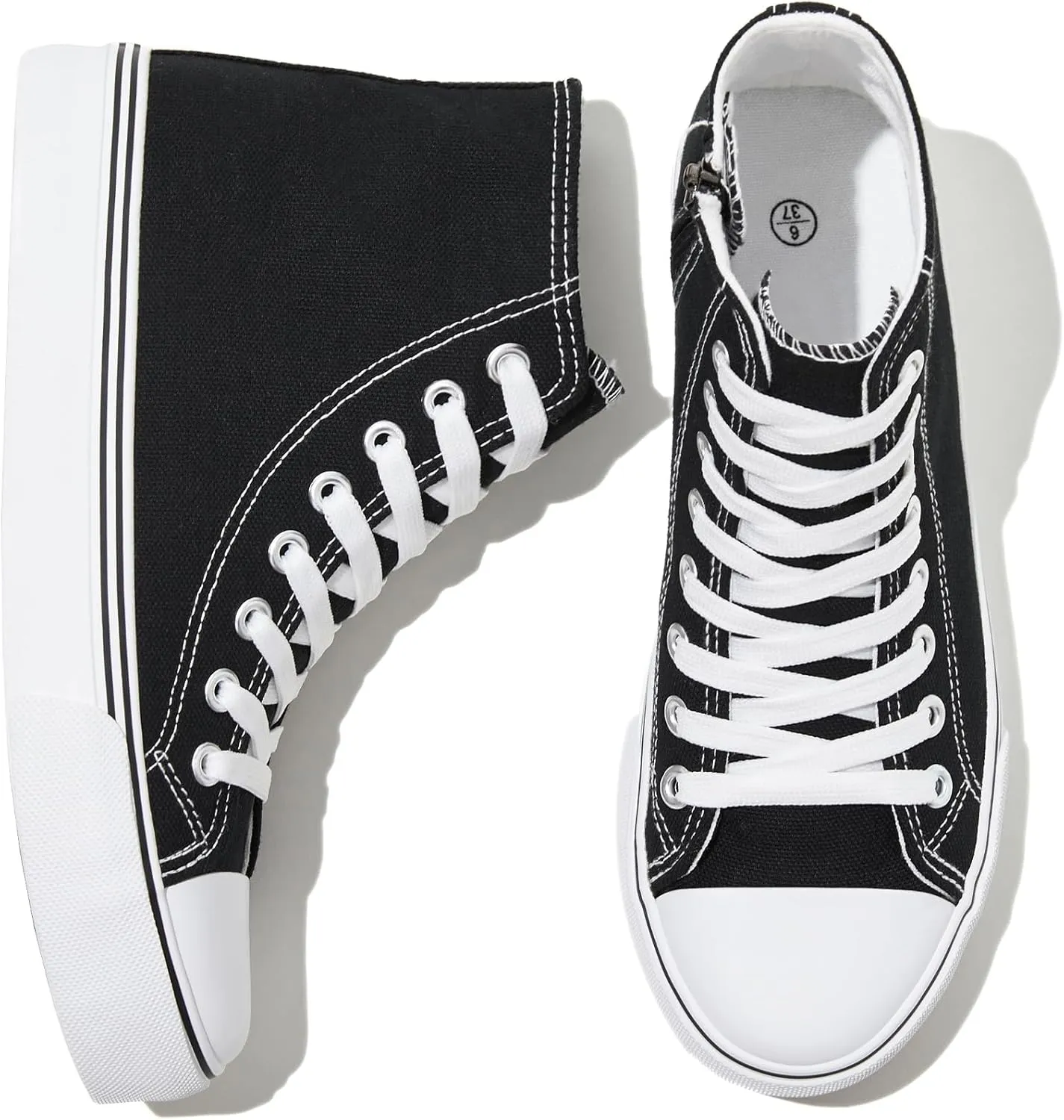 kufeiti Women's High Top Canvas Sneakers Canvas Shoes Lace up White Black Sneakers Casual Walking Shoes