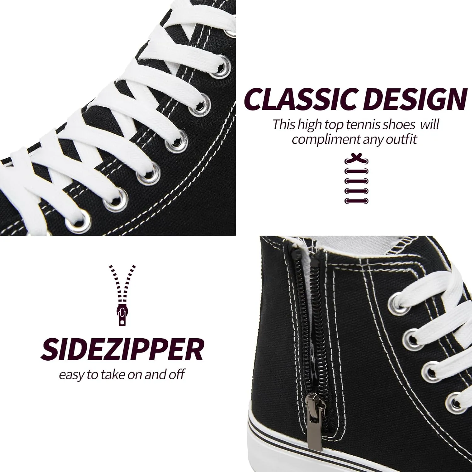 kufeiti Women's High Top Canvas Sneakers Canvas Shoes Lace up White Black Sneakers Casual Walking Shoes