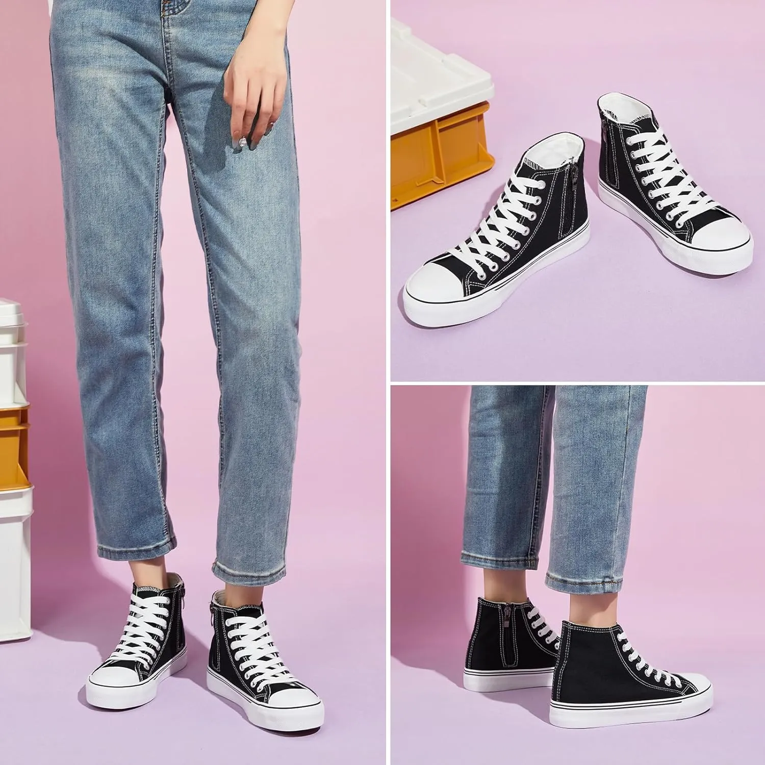 kufeiti Women's High Top Canvas Sneakers Canvas Shoes Lace up White Black Sneakers Casual Walking Shoes