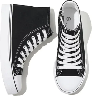 kufeiti Women's High Top Canvas Sneakers Canvas Shoes Lace up White Black Sneakers Casual Walking Shoes