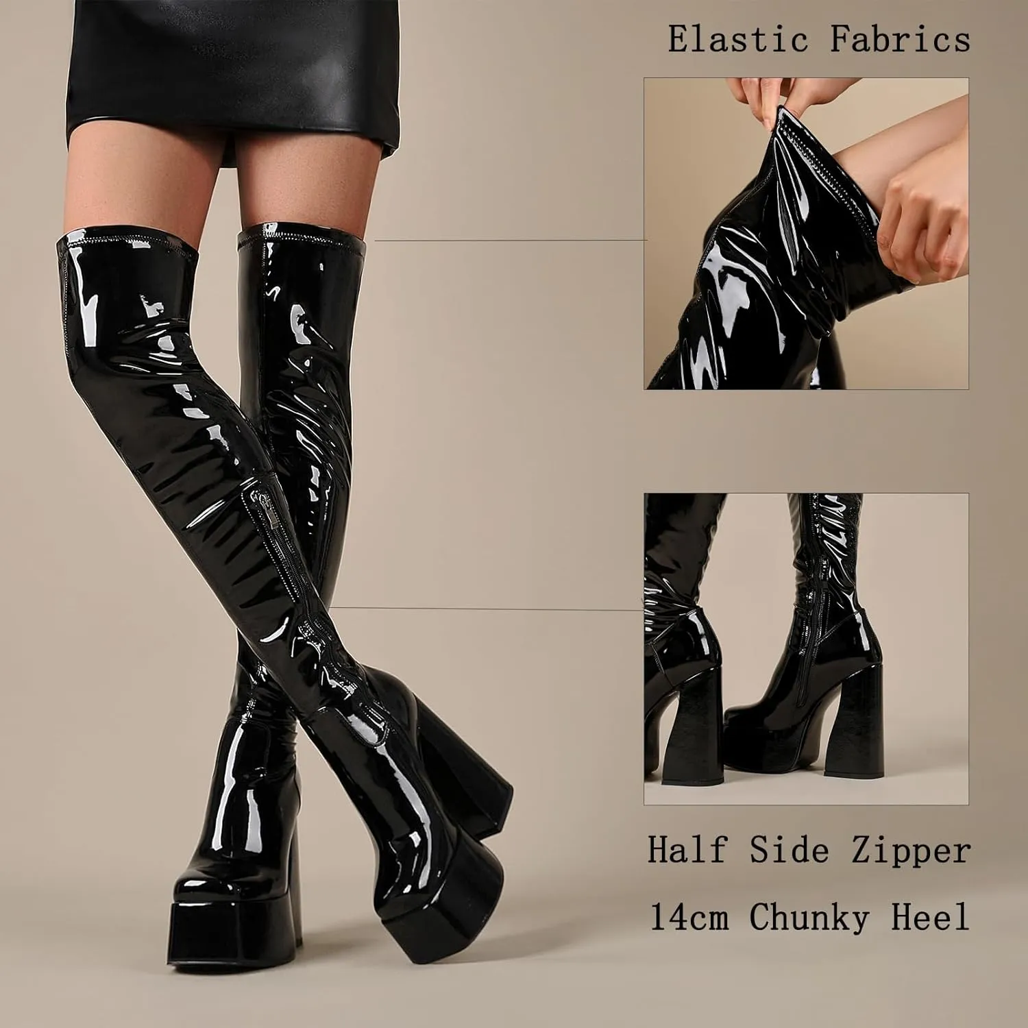 LanreyTaley Platform Thigh High Boots for Women Chunky Block Heels Over The Knee Boots Stretch Go-Go Boot Square Toe Party Boots with Zipper