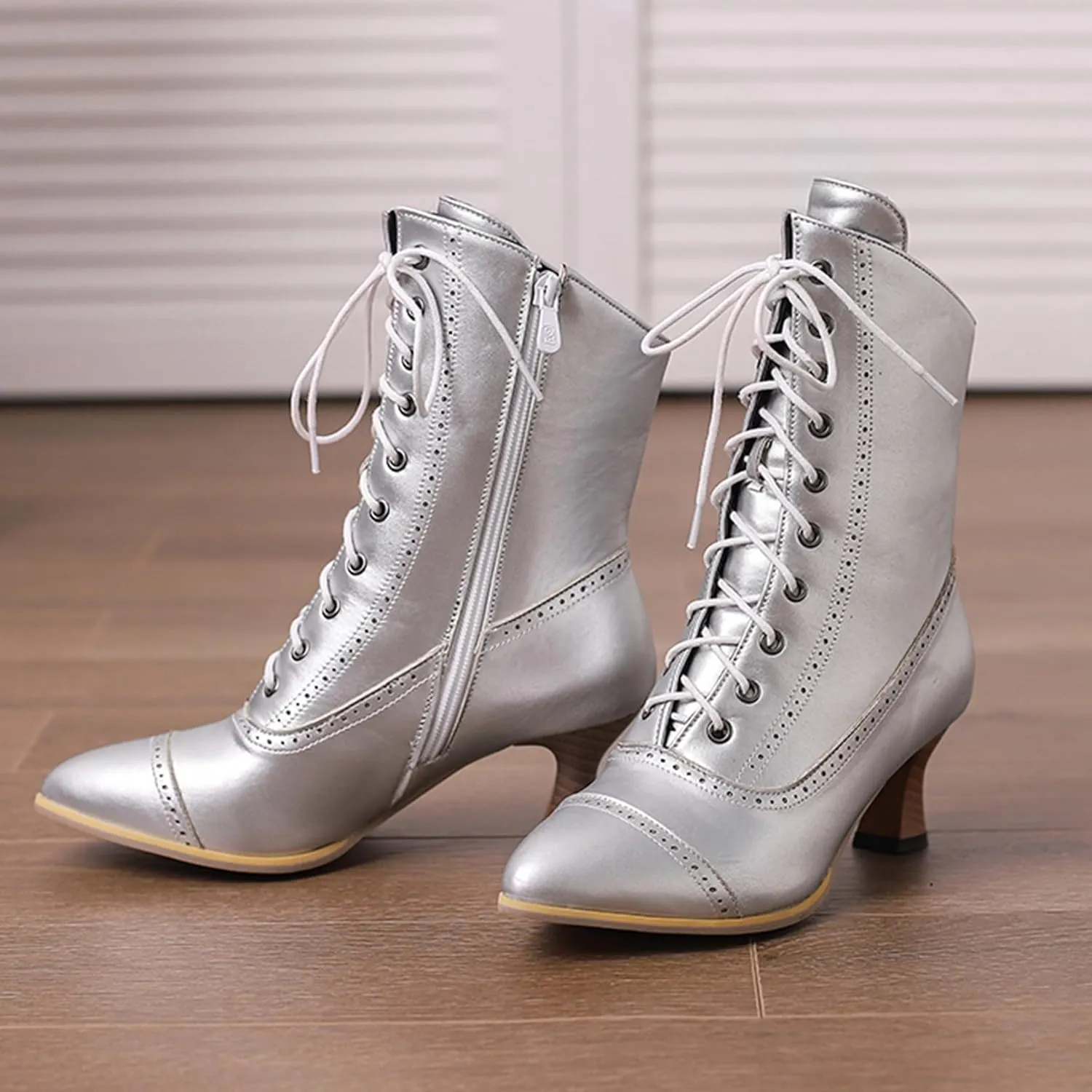 LanreyTaley Victorian Boots for Women Vintage Granny Boots Renaissance Ankle Boots Low Heel Lace Up Booties with Zipper