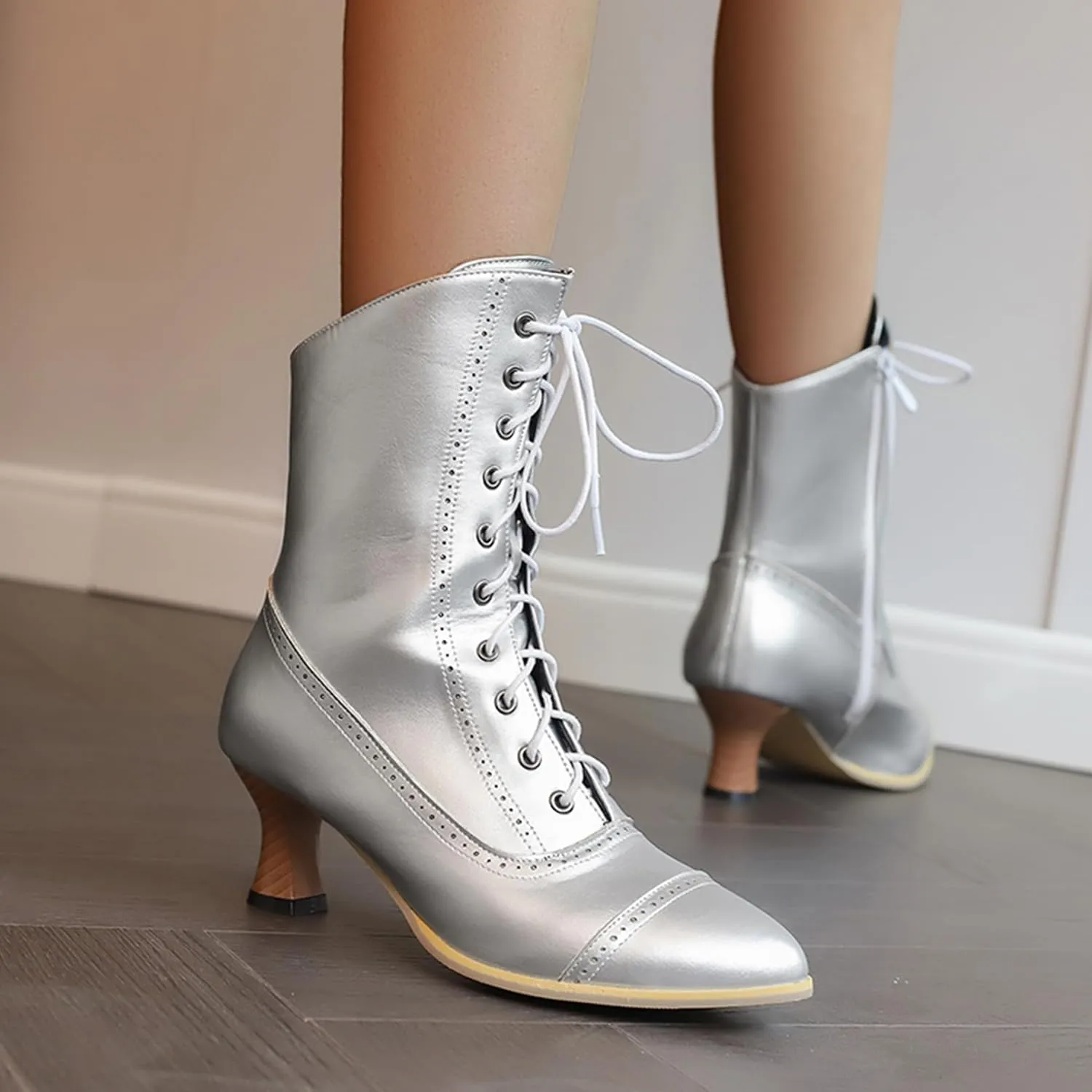 LanreyTaley Victorian Boots for Women Vintage Granny Boots Renaissance Ankle Boots Low Heel Lace Up Booties with Zipper