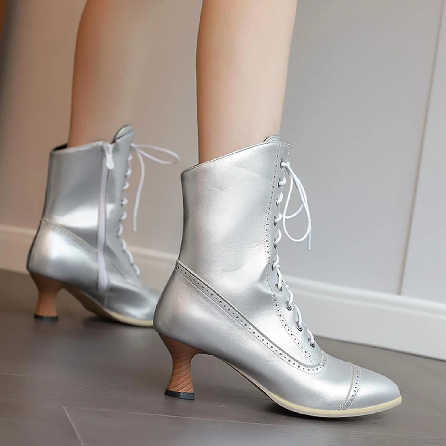 LanreyTaley Victorian Boots for Women Vintage Granny Boots Renaissance Ankle Boots Low Heel Lace Up Booties with Zipper