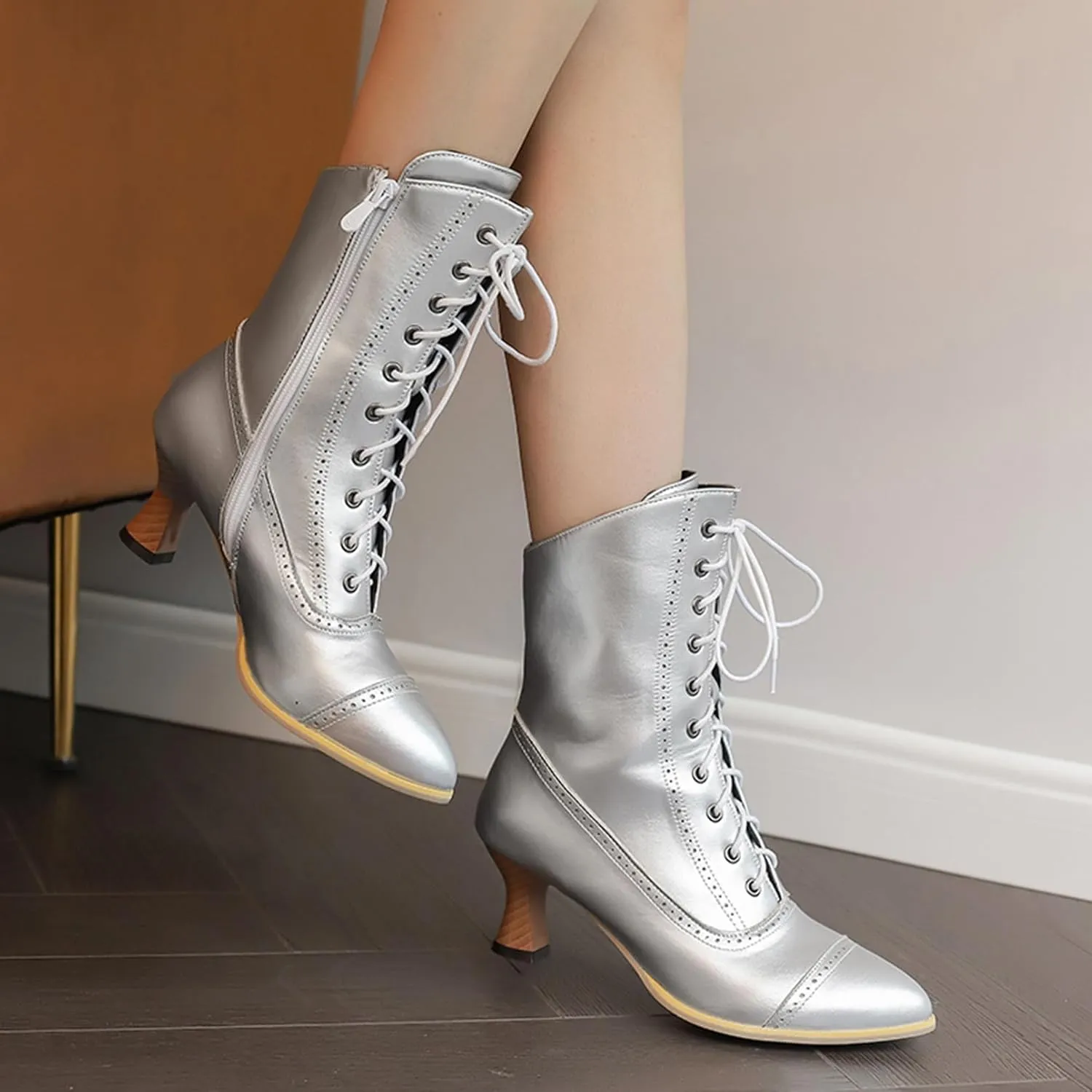 LanreyTaley Victorian Boots for Women Vintage Granny Boots Renaissance Ankle Boots Low Heel Lace Up Booties with Zipper