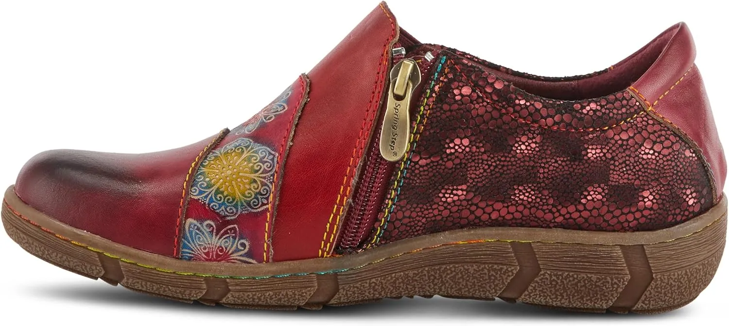 L'Artiste Lata Burnished Slip for Women with Rainbow Stitching | Walking Shoes with Hand Painted Geometric Design and Zipper Closure