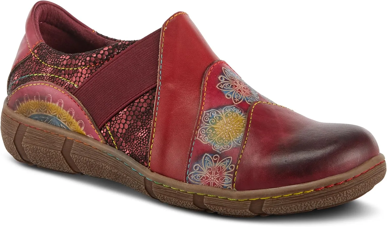 L'Artiste Lata Burnished Slip for Women with Rainbow Stitching | Walking Shoes with Hand Painted Geometric Design and Zipper Closure