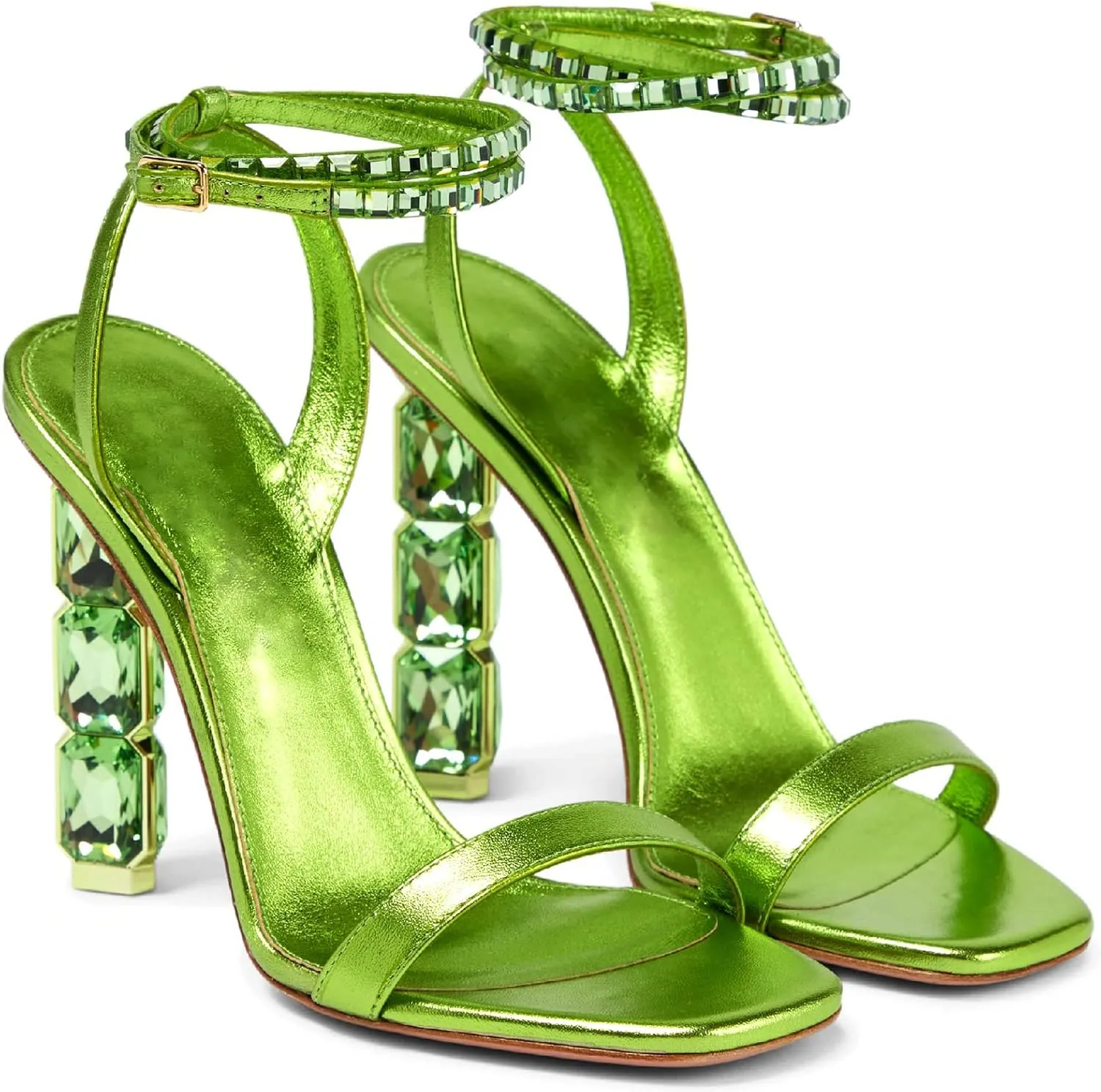 LauraVicci Women Heeled Sandals Ankle Straps Rhinestone Crystal Chunky Block Open Toe Slip on Wedding Slip on Wedding Party Evening Dress Shoes