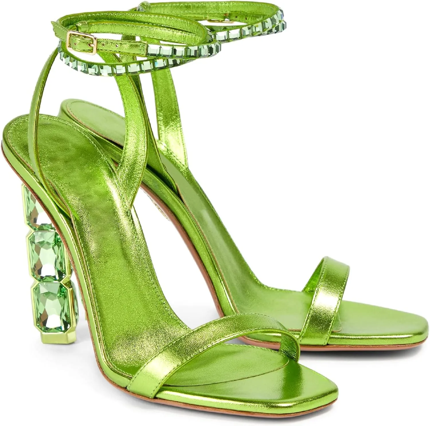 LauraVicci Women Heeled Sandals Ankle Straps Rhinestone Crystal Chunky Block Open Toe Slip on Wedding Slip on Wedding Party Evening Dress Shoes