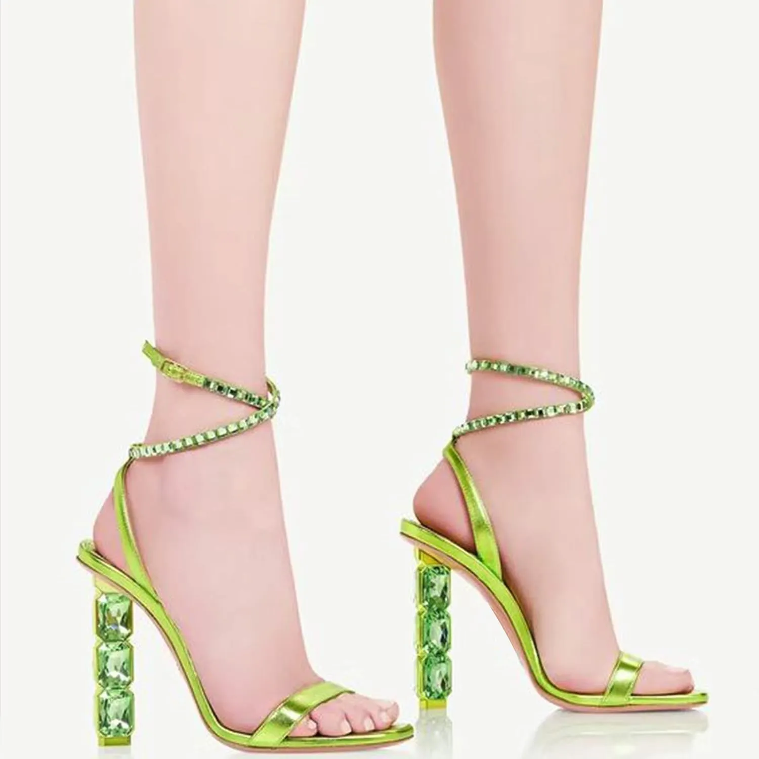 LauraVicci Women Heeled Sandals Ankle Straps Rhinestone Crystal Chunky Block Open Toe Slip on Wedding Slip on Wedding Party Evening Dress Shoes