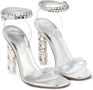 LauraVicci Women Heeled Sandals Ankle Straps Rhinestone Crystal Chunky Block Open Toe Slip on Wedding Slip on Wedding Party Evening Dress Shoes