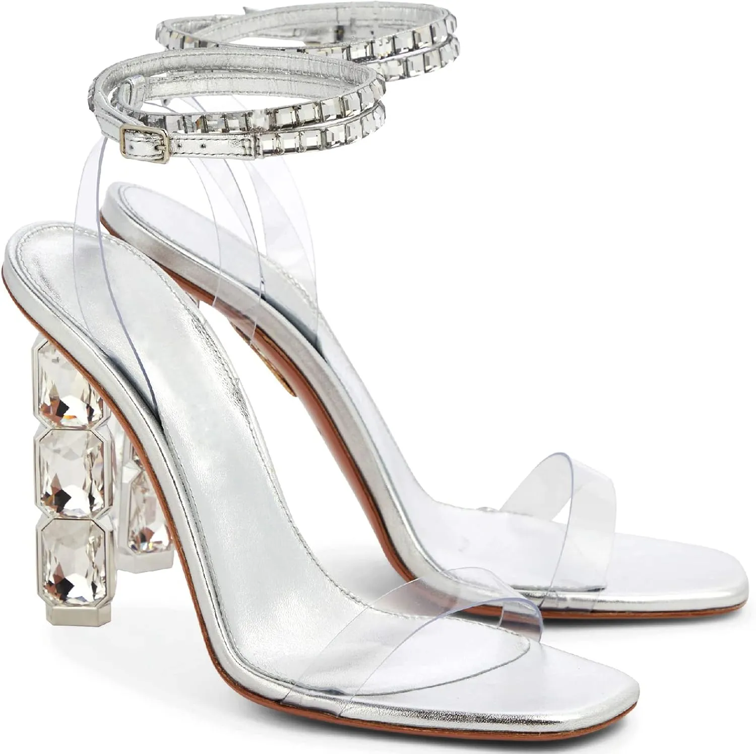LauraVicci Women Heeled Sandals Ankle Straps Rhinestone Crystal Chunky Block Open Toe Slip on Wedding Slip on Wedding Party Evening Dress Shoes