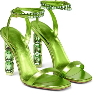 LauraVicci Women Heeled Sandals Ankle Straps Rhinestone Crystal Chunky Block Open Toe Slip on Wedding Slip on Wedding Party Evening Dress Shoes