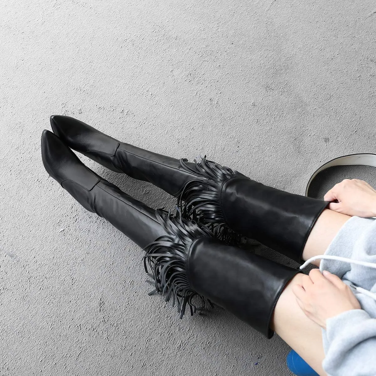 LEHOOR Women Fringed Over the Knee Boots Stiletto Heel Pointed Toe Back Zipper With Rivet, Studded High Heel Thigh High Boots With Tassels for Winter Sexy Casual Fashion Dress Boots 4-11 M US
