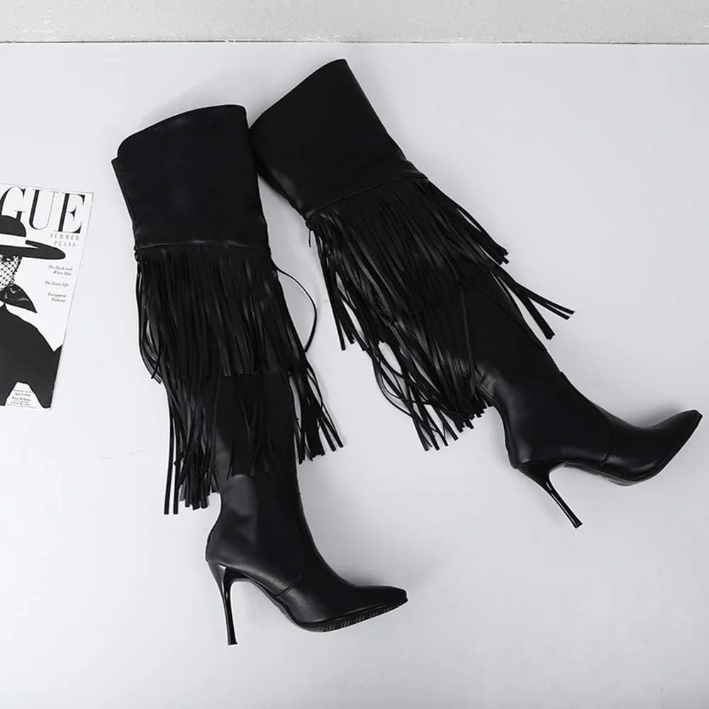 LEHOOR Women Fringed Over the Knee Boots Stiletto Heel Pointed Toe Back Zipper With Rivet, Studded High Heel Thigh High Boots With Tassels for Winter Sexy Casual Fashion Dress Boots 4-11 M US