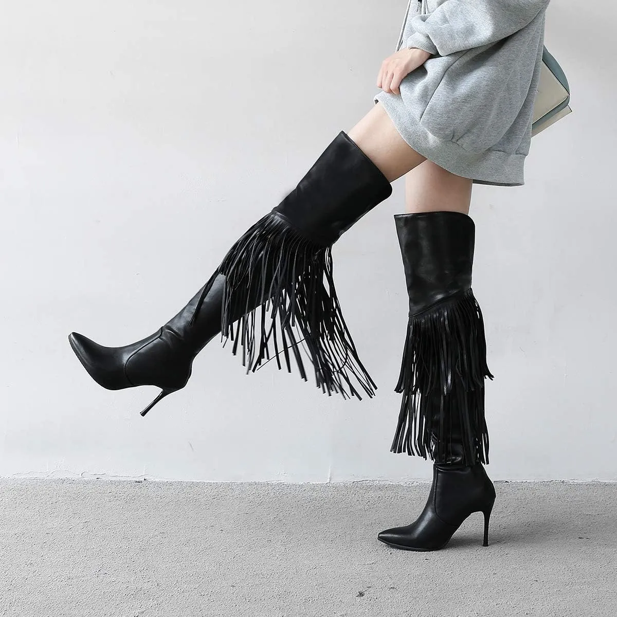 LEHOOR Women Fringed Over the Knee Boots Stiletto Heel Pointed Toe Back Zipper With Rivet, Studded High Heel Thigh High Boots With Tassels for Winter Sexy Casual Fashion Dress Boots 4-11 M US