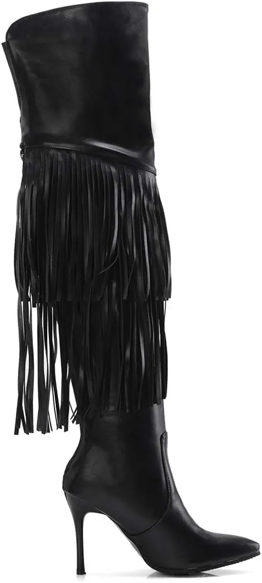 LEHOOR Women Fringed Over the Knee Boots Stiletto Heel Pointed Toe Back Zipper With Rivet, Studded High Heel Thigh High Boots With Tassels for Winter Sexy Casual Fashion Dress Boots 4-11 M US