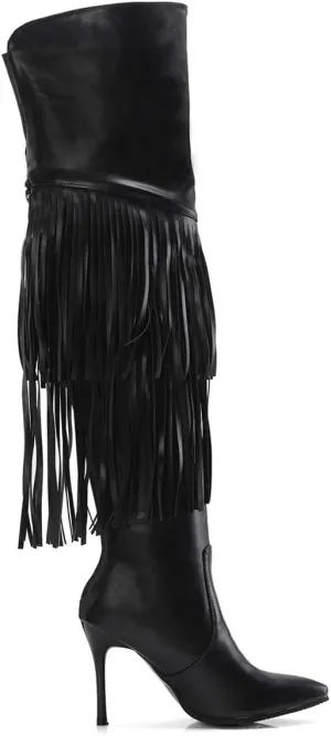 LEHOOR Women Fringed Over the Knee Boots Stiletto Heel Pointed Toe Back Zipper With Rivet, Studded High Heel Thigh High Boots With Tassels for Winter Sexy Casual Fashion Dress Boots 4-11 M US