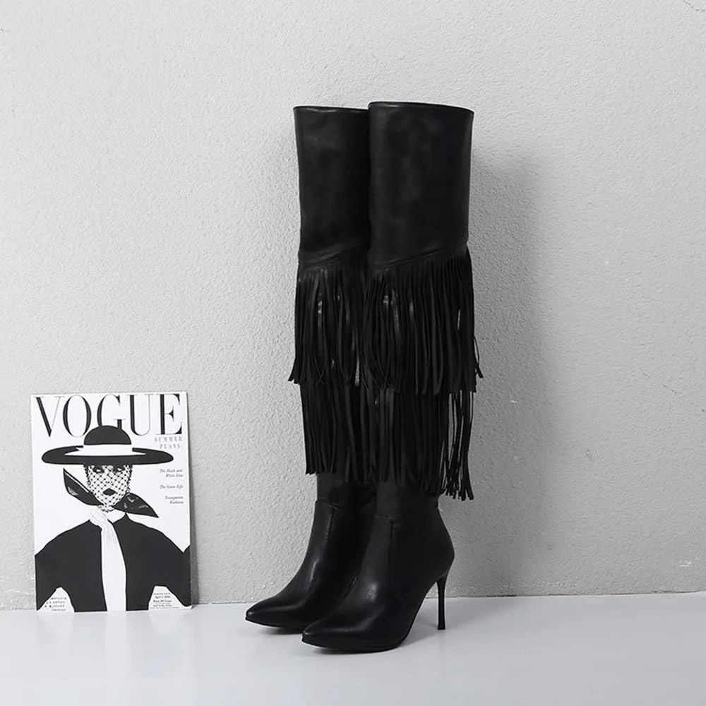 LEHOOR Women Fringed Over the Knee Boots Stiletto Heel Pointed Toe Back Zipper With Rivet, Studded High Heel Thigh High Boots With Tassels for Winter Sexy Casual Fashion Dress Boots 4-11 M US