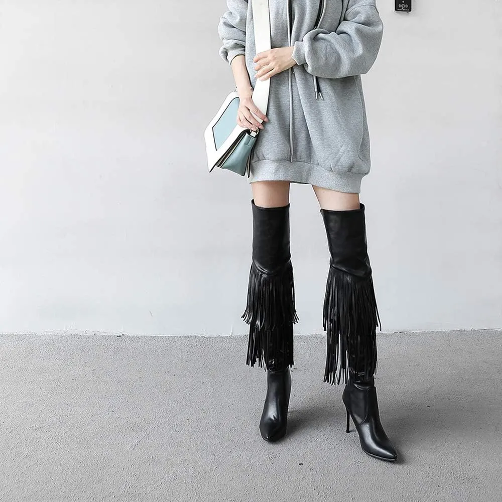 LEHOOR Women Fringed Over the Knee Boots Stiletto Heel Pointed Toe Back Zipper With Rivet, Studded High Heel Thigh High Boots With Tassels for Winter Sexy Casual Fashion Dress Boots 4-11 M US