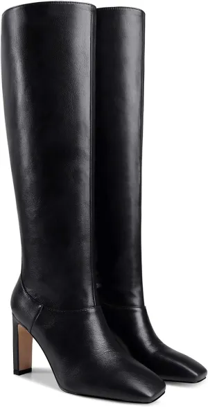 LEHOOR Women Knee High Chunky Heel Boots Matte Leather Square Closed Toe Slip On High Heeled Dress Shoes Sexy Trendy for Ladies 4-11 M US